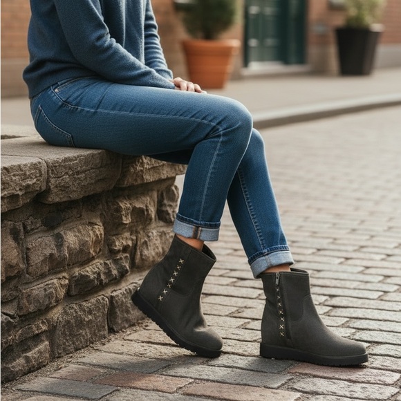 Sundance Catalogue Ashville Gray Suede Shearling Mid Calf Snow Boots Stitch 9.5 - Picture 2 of 11